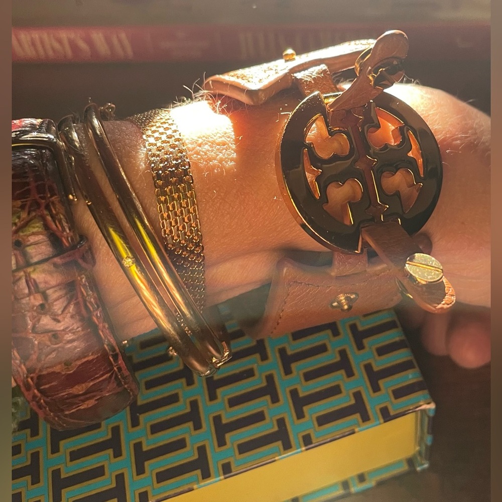 Tory Burch Wide Leather and Gold Emblem Double-Snap Cuff Bracelet - Picture 7 of 12